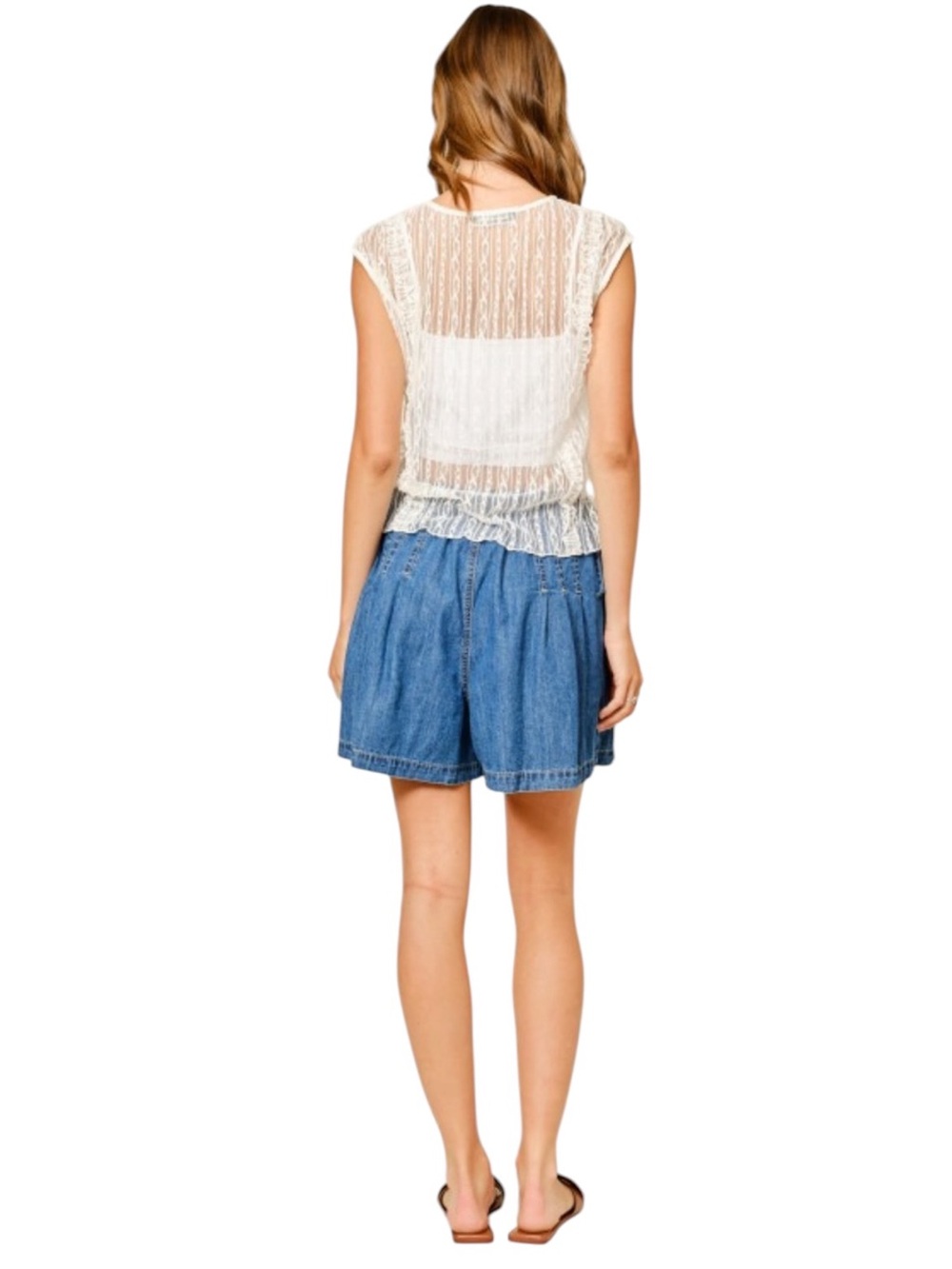 Sheer White Lace Ruffle Cap-Sleeve Blouse - Picture 4 of 4